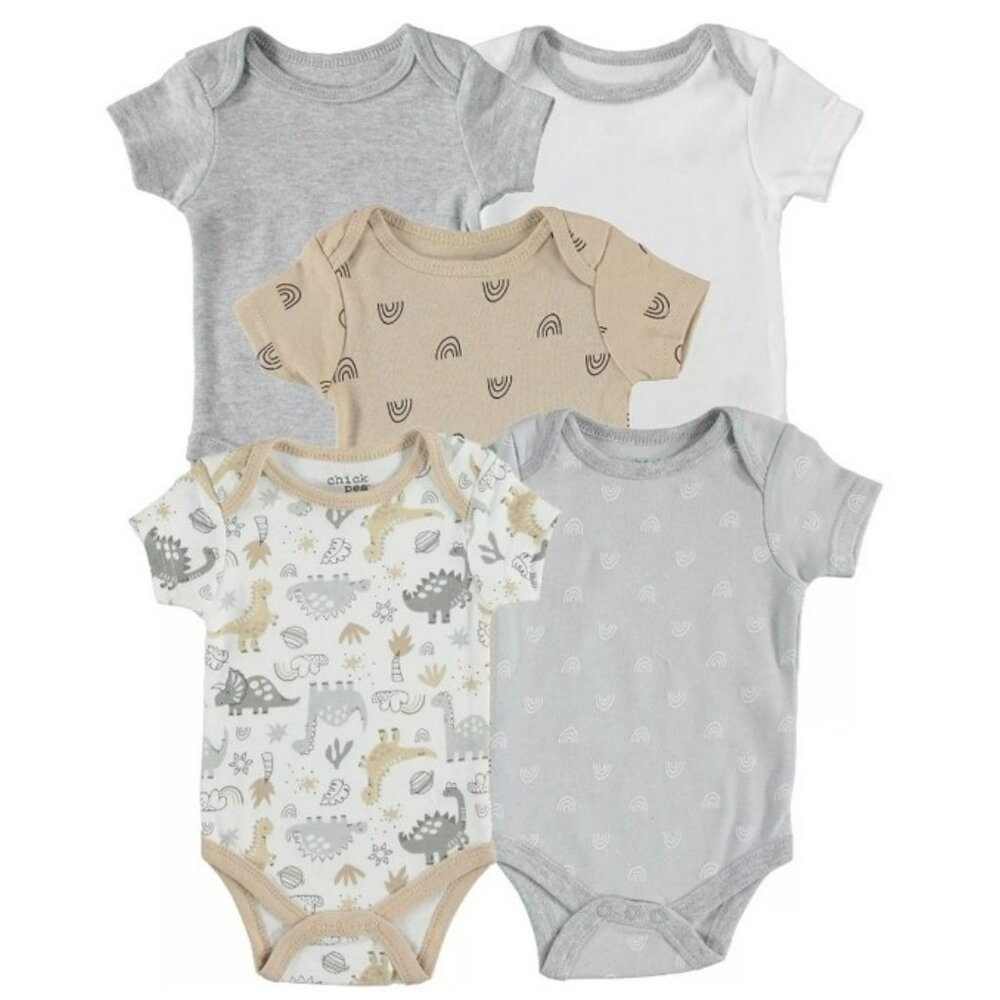 NWT. CHICKPEA Unisex Baby 5-Pack Tan/Gray/White Bodysuits